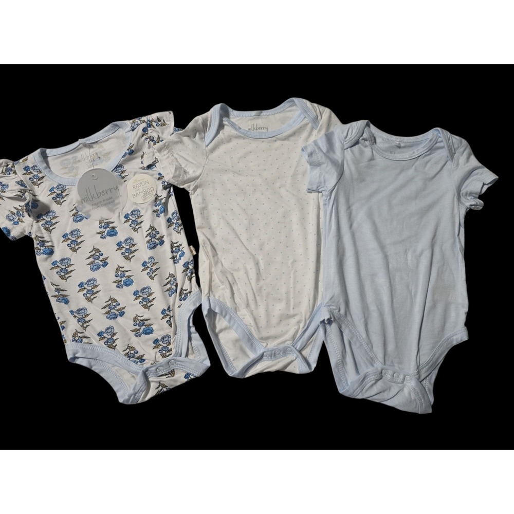 Milkberry Baby Girl 6-9M Bodysuit Set Rayon Bamboo Floral Polka Dot Blue NWT